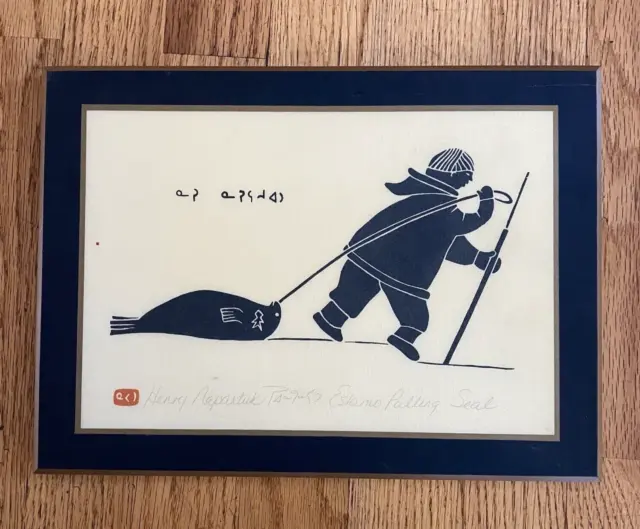 Henry Napartuk "Eskimo Pulling Seal" Signed Block Mounted Print Inuit *READ*