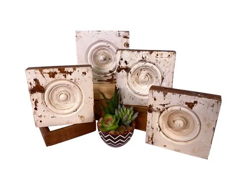 4 Plinth Blocks, Antique Bullseye Rosettes, Architectural Salvage Wood Trim C76