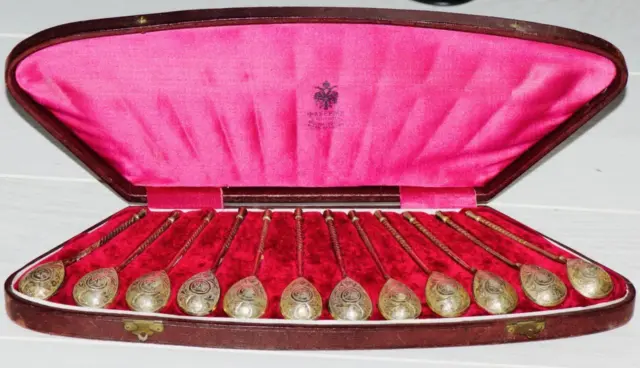 Antique Imperial Russ Faberge Tea Spoons Gild Silver 12 Pieces Set in Box c1890