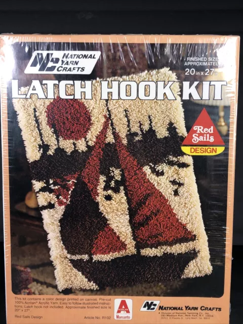 Vintage NEW National Yarn Crafts Latch Hook Kit Red Sails Boat 20x27 Sealed