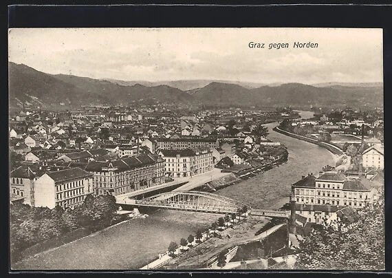 Graz, Teilansicht mit Brücke gegen Norden, Ansichtskarte 1909