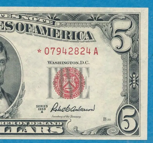 $5.00 1953-A Star  Red Seal Legal Tender  United States Note  Choice Au