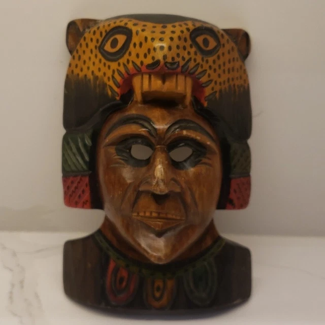 Hand Carved Wooden Mask Antigua Guatemala Native Mayan Tecun Colors Wall H