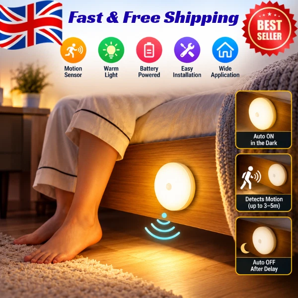 LED MOTION SENSOR Light Rechargeable PIR USB Portable Cabinet Stair ...
