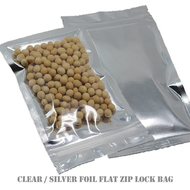 Clear & Silver Aluminium Foil Reusable Zip Bag Food Save Flat Mylar Metallic