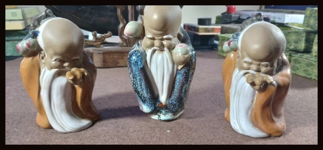3 x Vintage Chinese Mud Men God Immortal Shou Lao Xing Longevity