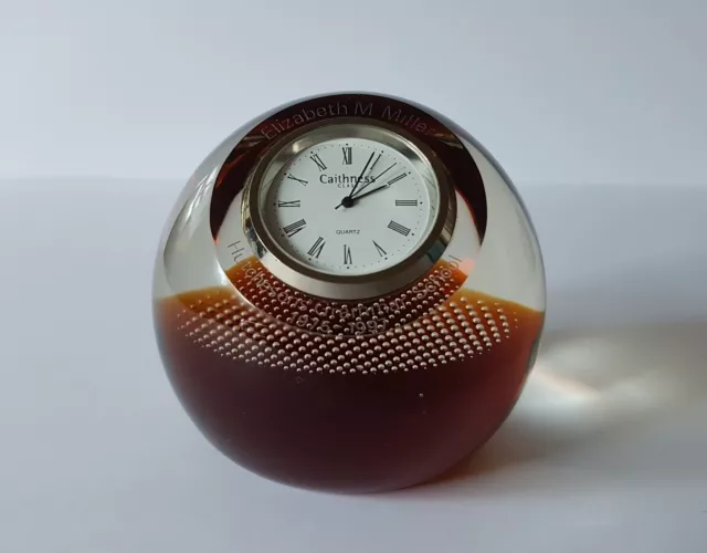 Vintage Caithness Glass Paperweight Clock - Amber/Clear - Presentation Etched