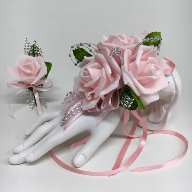 Glamour Triple Pink Foam Roses on Pink  Prom Corsage & Boutonniere Combo