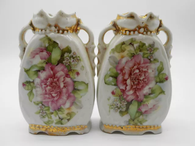 Ravissante Paire Vase Decor Floral En Porcelaine De Paris