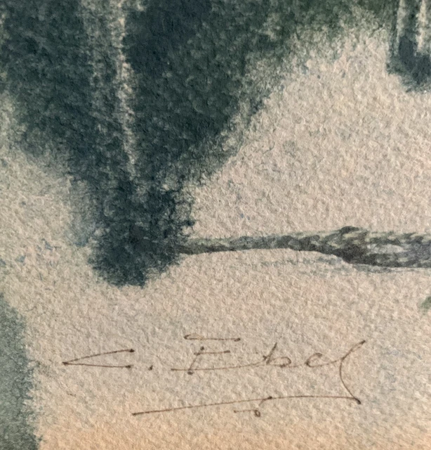 Tableau ancien aquarelle CHAMPS PAYSAGE ANGLAIS - HARRY
