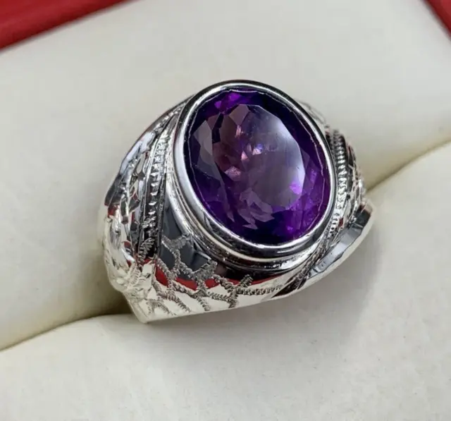Natural Amethyst Ring, Man Amethyst Purple Gemstone Ring, 925 Sterling Silver