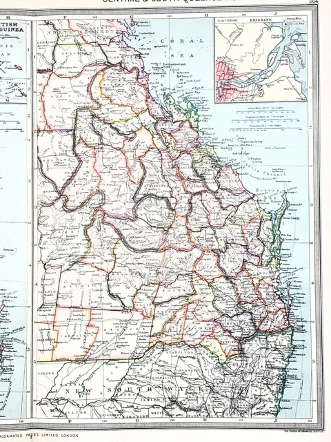1907 Queensland Australia Map Brisbane New South Wales Steamship Routes ORIGINAL
