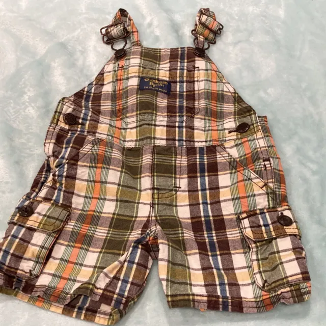 OshKosh B’gosh Brown Orange  Plaid Shortall Short Overalls Baby Boy 9M Vestbak