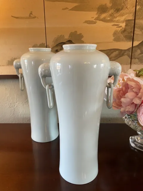 Vintage Caledon Porcelain Chinese Elephant Handle Vase Pair 13.5”