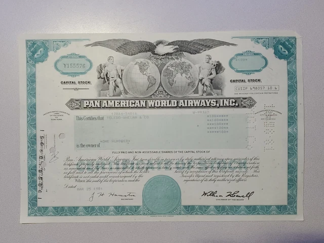 Pan American World Airways Cancelled Stock Certificate