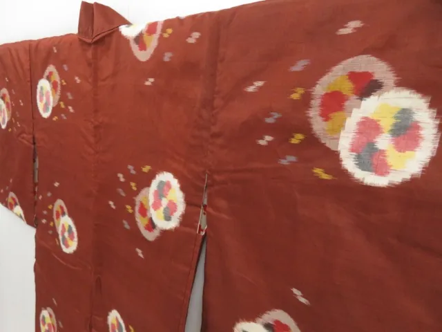 2805T03z440 Vintage Japanese Kimono Silk MEISEN HAORI Kasuri Red-Brown 2