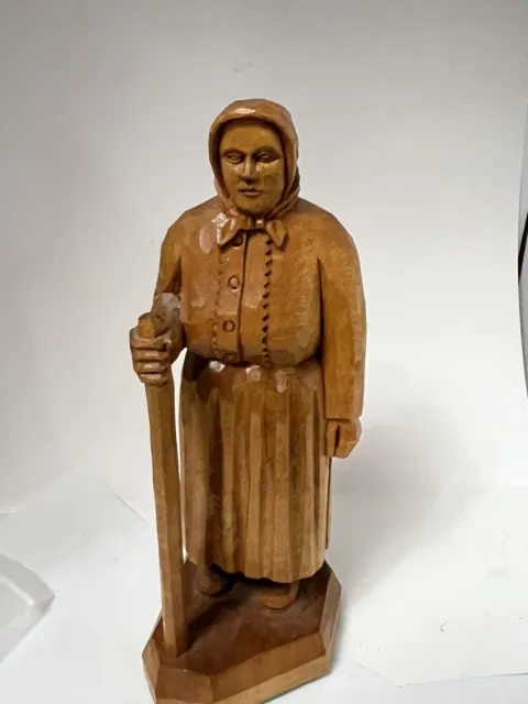 Antique 5.75" Wood Hand Carved Carving Old Woman Statue Figure German Signed