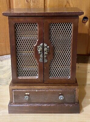 Vintage Mid Century Boho Wood Jewelry Box With Mesh Screen Doors Ornate Hardware