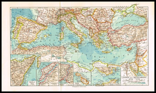 Mediterranean Sea, Italy, Greece, Spain, France, Antique German Map - 1925