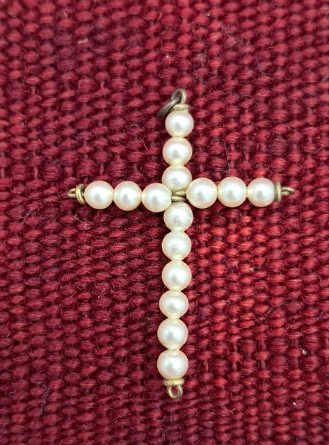 Collier Vintage Jacky De G - Perles Et Pendentif Croix En Métal Doré, Occasion (bon état)