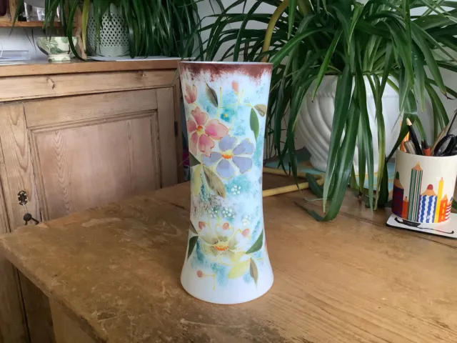 Victorian Hand Painted & Enamel Milk Glass 10" Waisted Vase
