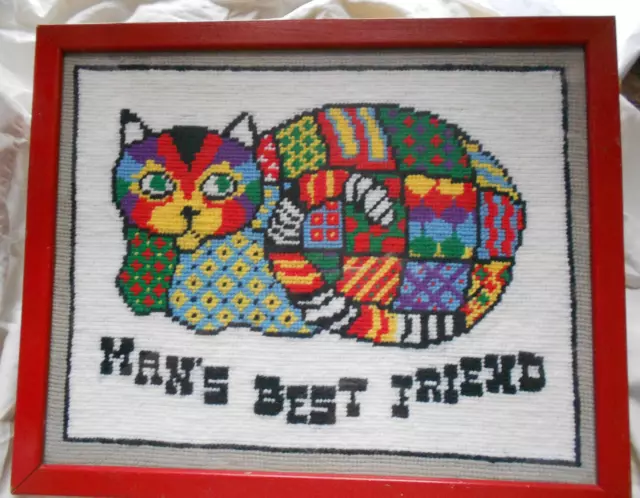 Vintage Needlepoint Framed Quilt Patent Cat Man's Best Friend from Kit 1970s