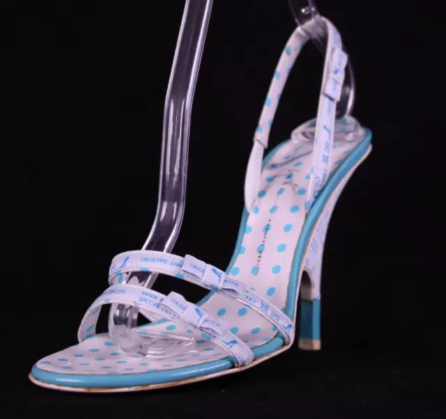 GIUSEPPE ZANOTTI Blue Leather Logo Fabric Content Print Heels Sandals 37.5