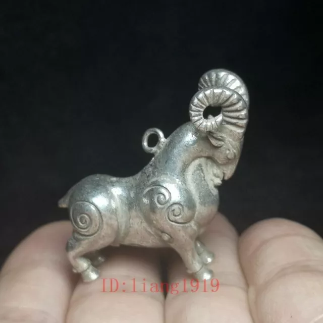 Old Chinese Tibet Silver Zodiac Sheep Statue Necklace Pendant Amulet Gift H 4 CM
