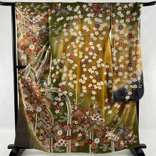 Woman Japanese Kimono Furisode Silk Pine Bamboo Plum Gold Thread Brownish Green