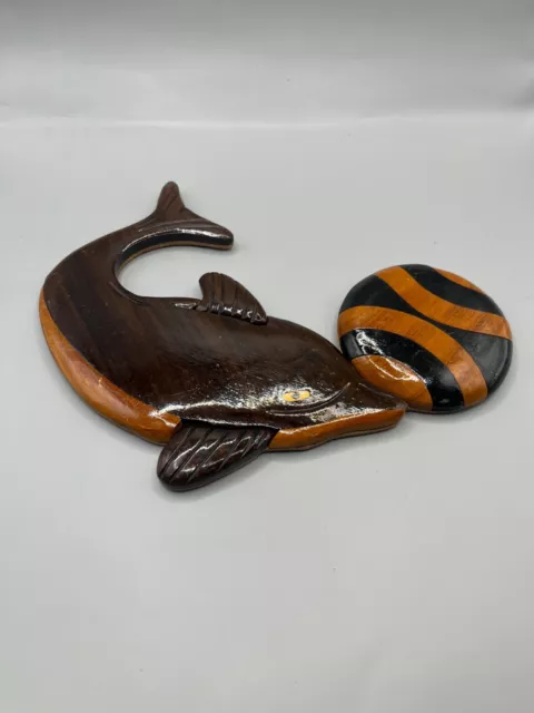 Vintage Inlayed Wood Dolphin with Ball Wall Hanging Figure Handmade