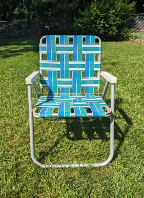 VINTAGE SUNBEAM ALUMINUM Webbed Folding Lawn Chair Beach Blue Green ...
