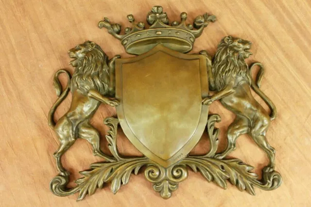 Real Crest Escudo de Armas Bronce Placa Leones Estatua Escultura Arte Nouveau
