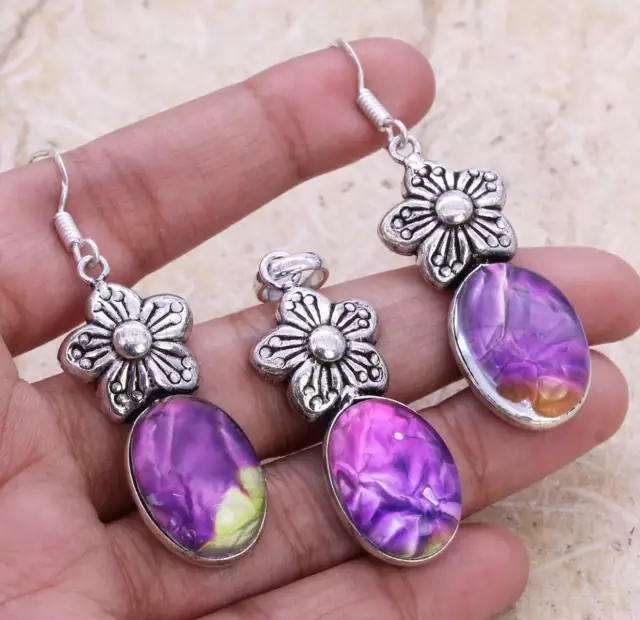 Dichroic Glass Art Piece 925 Silver Plated Handmade Pendant & Earrings Set 1.9"