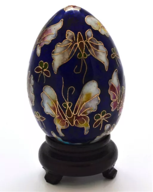 Vintage Cloisonne Enamel Egg on Wood Stand. Hand Painted Butterflies Design