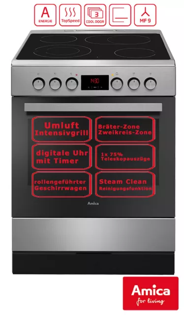 Amica Standherd 60cm Umluft Edelstahl Glaskeramikkochfeld Timer Bräterzone Grill