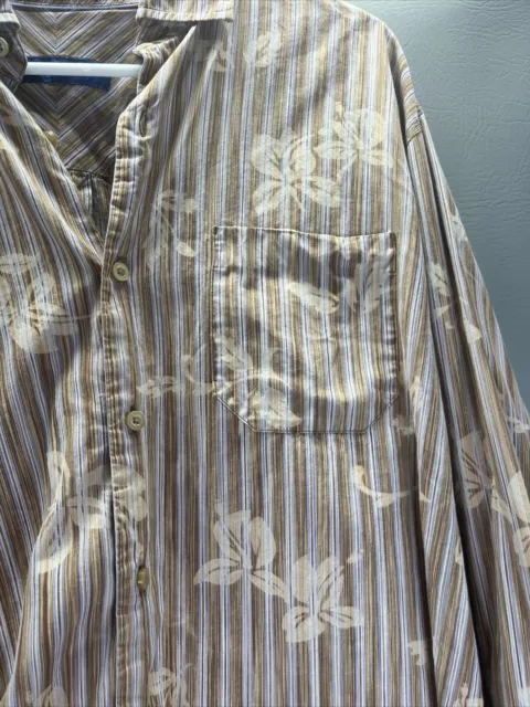 Tommy Bahama Cotton Silk Blend Mens L Brown Striped Long Sleeve Hawaii Shirt 3