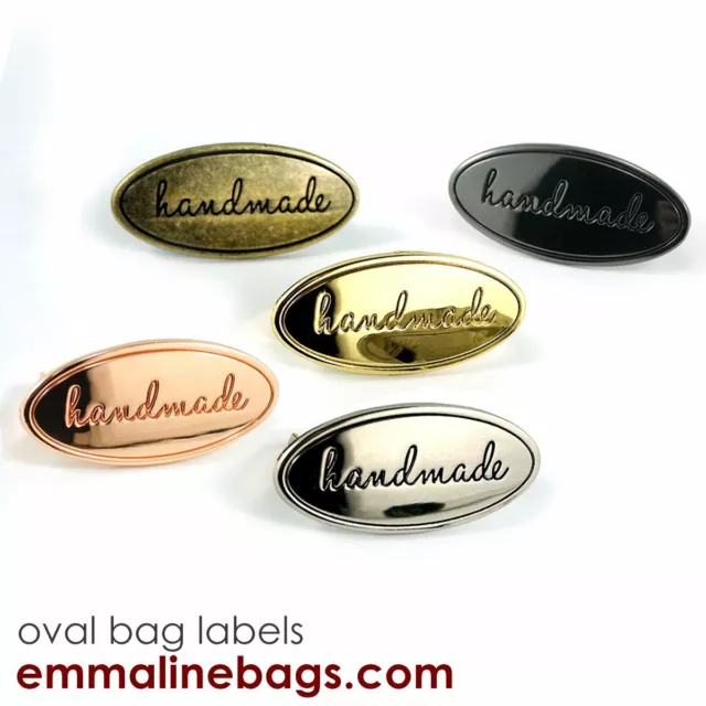 Oval metal 'Handmade' bag label by Emmaline bags - range of finishes