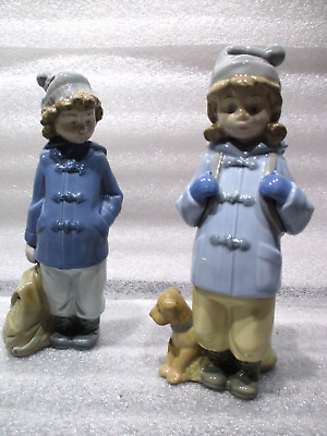 1987 NAO by LLADRO Daisa Girls with Puppy Figurines Handmade Spain 7"