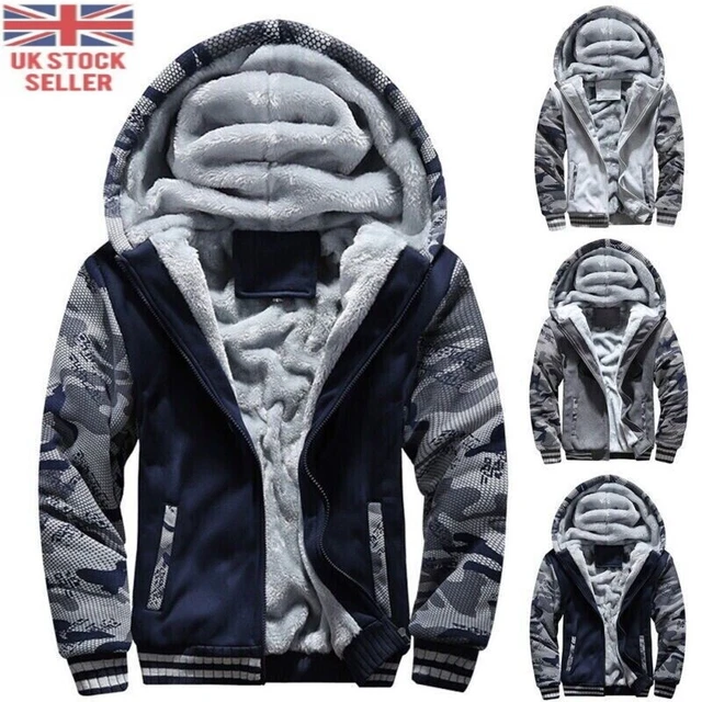 Mens Thick Warm Fleece Fur Lined Hoodie Zip Up Winter Coat Jacket Sweatshirt Top