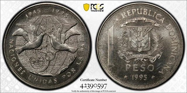 Dominican Republic 1 Peso Unc Coin 1995 Year Km#87 Un Peace Pcgs Grading Ms67