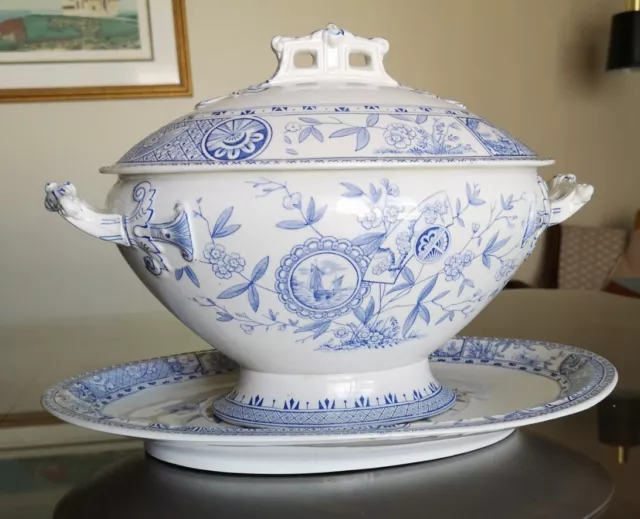 THOMAS HUGHES & SON c 1855-1881 White Blue Covered Tureen With Dish