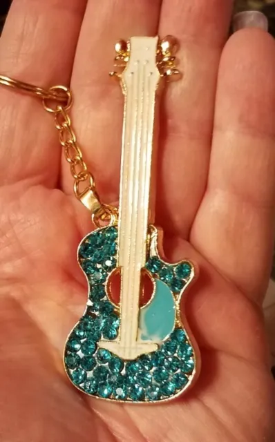 Betsey Johnson Blue Rhinestone Guitar Goldtone Metal Keychain