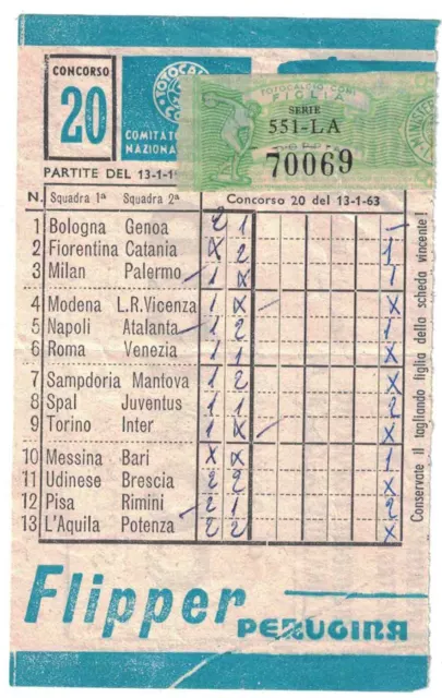 Schedina Totocalcio Coni pubblicità Perugina anno 1962/1963 n. 20