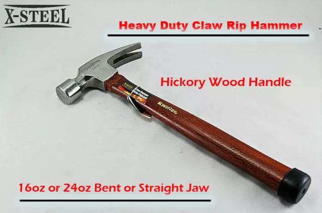 Heavy Duty Claw Rip Hammer Hickory Wood Handle 16oz or 24oz Bent or Straight Jaw