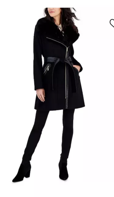 Via Spiga Women's Black Faux Fur Asymmetric Belted Wool Coat Jacket Size 4 Sm