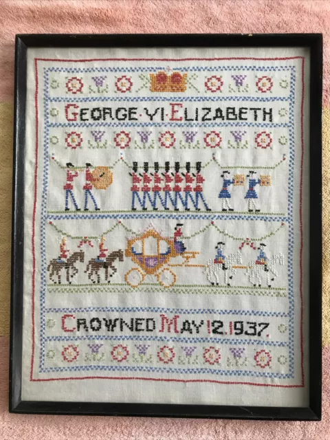 1937 Coronation Of George VI & Elizabeth Sampler VINTAGE Pre WW2 British Framed