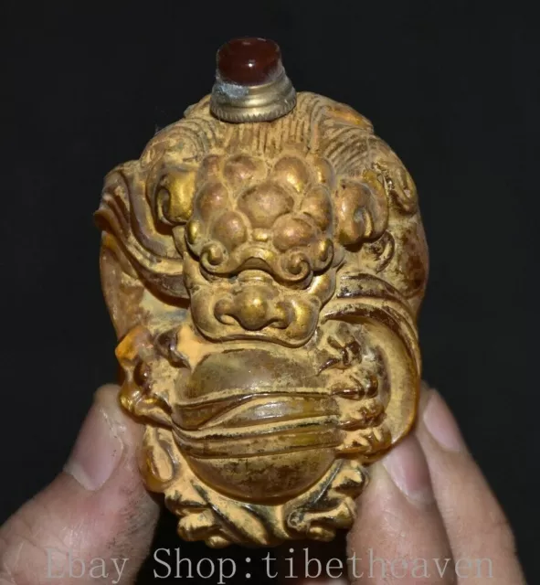 3” Rare Old Chinese Glaze Dynasty Palace Foo Dog Lion Ball Snuff Bottle
