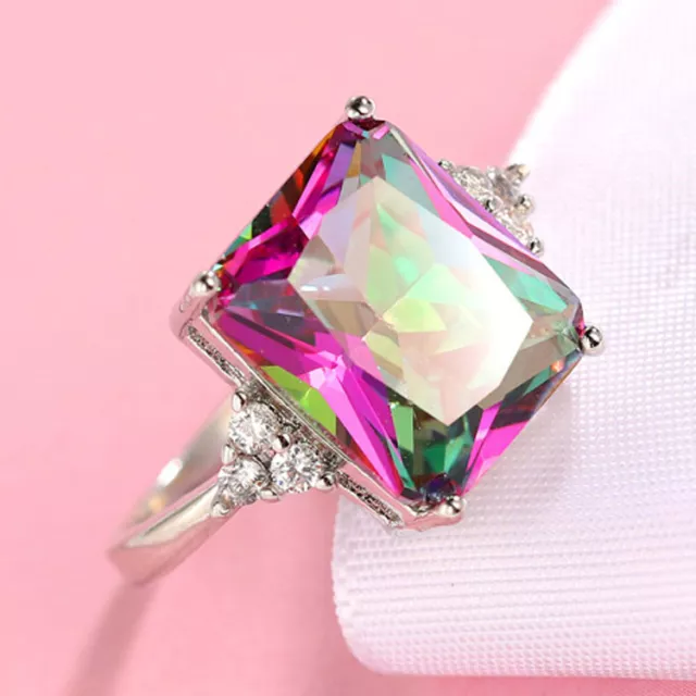 16.5 Cts Huge Rectangle Rainbow Mystic Fire Topaz Gems Solid Silver Ring Sz 6-10