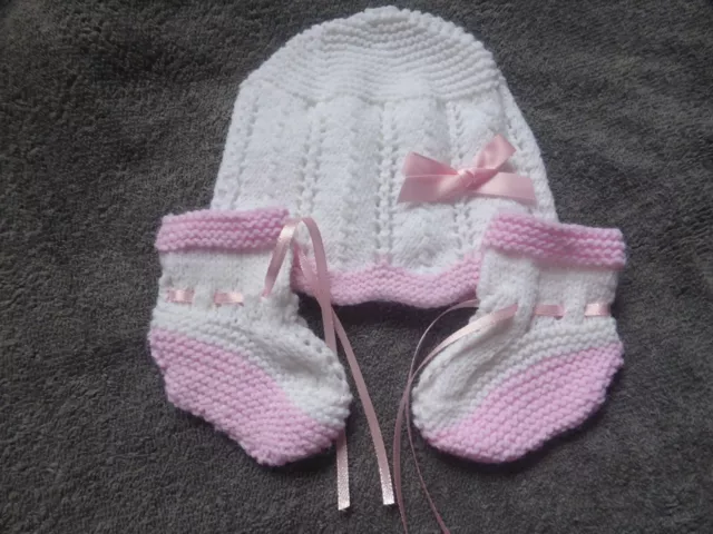 Hand Knitted Baby Hat and Booties