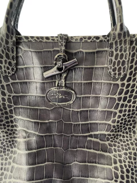 LONGCHAMP CROC EMBOSSED ROSEAU Leather Handbag Tote Gray Bag Purse 13”x9” 4